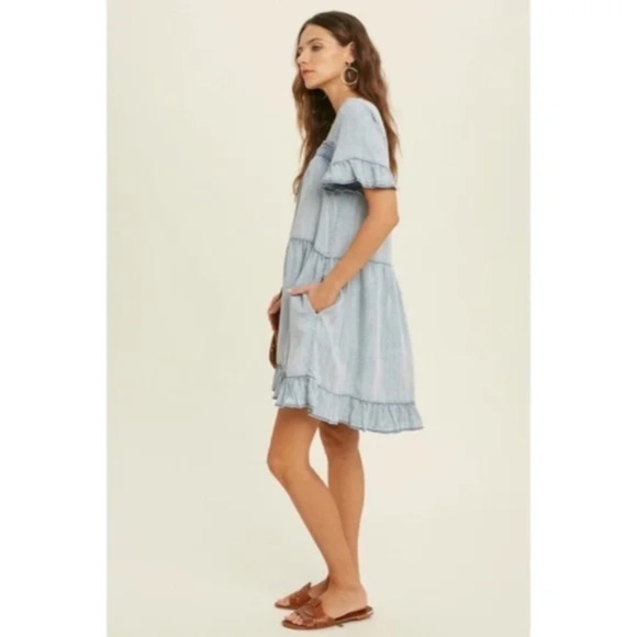 Denim Tencel Square Neck Short Sleeve Ruffle Trim Babydoll Casual Mini Dress - Picture 7 of 11